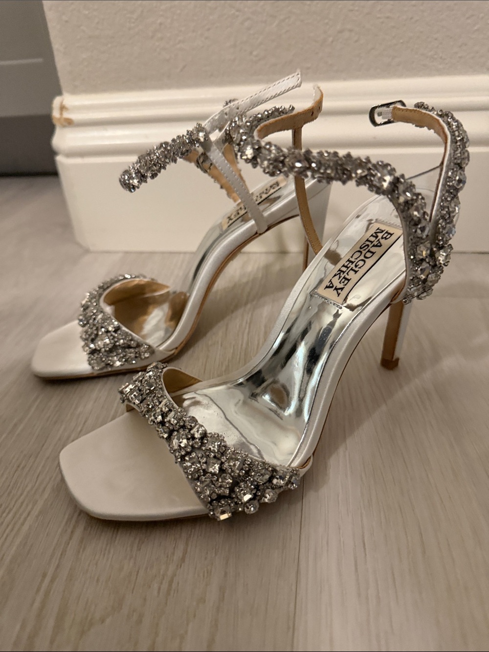 Badgley Mischka White and Silver Crystal Embellished Stiletto Sandals